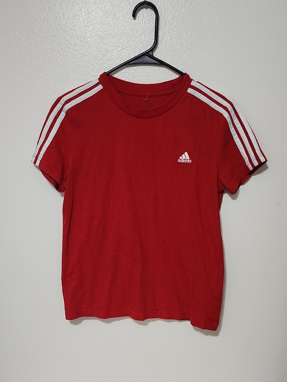 adidas Red Short Sleeve Tee with White Shoulder Stripes Size Small